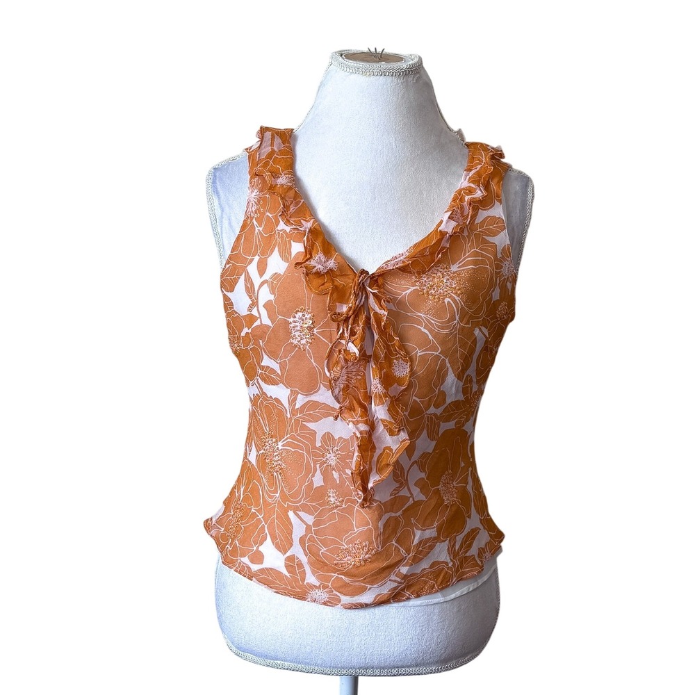 Vintage Y2K ICE Womens 100% Silk Top Medium Orange Floral Ruffle Beaded Fairy